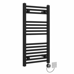 Bergen 800 x 400mm Straight Black Thermostatic Electric Heated Towel Rail with Black Terma Element