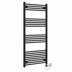 Bergen 1400 x 600mm Straight Black Thermostatic Electric Heated Towel Rail with Black Terma Element