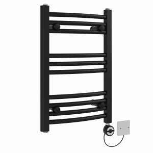 Fjord 600 x 400mm Curved Black Thermostatic Electric Heated Towel Rail with Black Terma Element