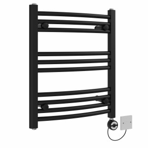 Fjord 600 x 500mm Curved Black Thermostatic Electric Heated Towel Rail with Black Terma Element