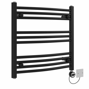 Fjord 600 x 600mm Curved Black Thermostatic Electric Heated Towel Rail with Black Terma Element