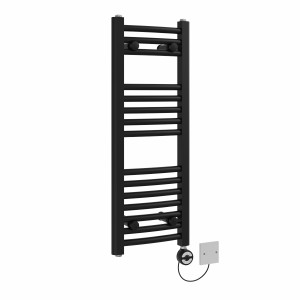 Fjord 800 x 300mm Curved Black Thermostatic Electric Heated Towel Rail with Black Terma Element