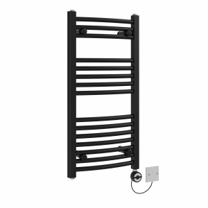 Fjord 800 x 400mm Curved Black Thermostatic Electric Heated Towel Rail with Black Terma Element