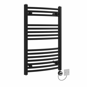 Fjord 800 x 500mm Curved Black Thermostatic Electric Heated Towel Rail with Black Terma Element