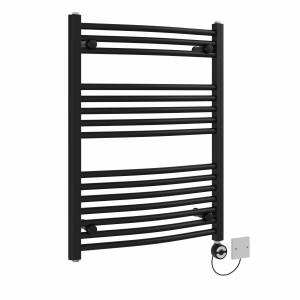 Fjord 800 x 600mm Curved Black Thermostatic Electric Heated Towel Rail with Black Terma Element