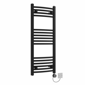 Fjord 1000 x 400mm Curved Black Thermostatic Electric Heated Towel Rail with Black Terma Element