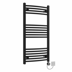 Fjord 1000 x 500mm Curved Black Thermostatic Electric Heated Towel Rail with Black Terma Element