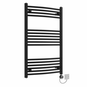 Fjord 1000 x 600mm Curved Black Thermostatic Electric Heated Towel Rail with Black Terma Element