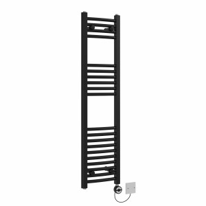 Fjord 1200 x 300mm Curved Black Thermostatic Electric Heated Towel Rail with Black Terma Element
