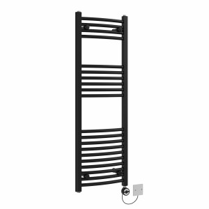 Fjord 1200 x 400mm Curved Black Thermostatic Electric Heated Towel Rail with Black Terma Element
