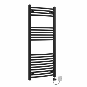 Fjord 1200 x 500mm Curved Black Thermostatic Electric Heated Towel Rail with Black Terma Element