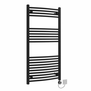 Fjord 1200 x 600mm Curved Black Thermostatic Electric Heated Towel Rail with Black Terma Element