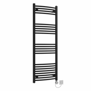 Fjord 1400 x 500mm Curved Black Thermostatic Electric Heated Towel Rail with Chrome Terma Element