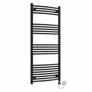 Fjord 1400 x 600mm Curved Black Thermostatic Electric Heated Towel Rail with Black Terma Element