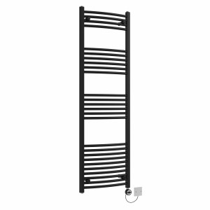 Fjord 1600 x 500mm Curved Black Thermostatic Electric Heated Towel Rail with Black Terma Element