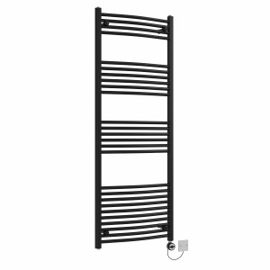 Fjord 1600 x 600mm Curved Black Thermostatic Electric Heated Towel Rail with Black Terma Element
