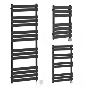 Juva - Satin Black Flat Panel Electric Heated Towel Rail - Choice of Size and Element