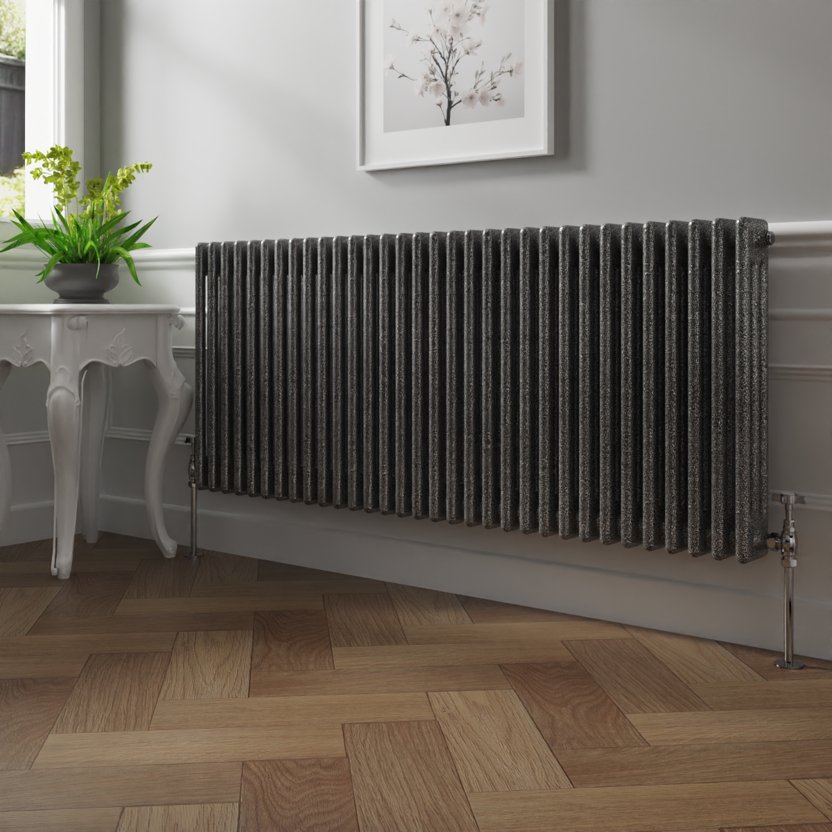 Bern 600 x 1460mm Black Silver Triple Column Horizontal Traditional Radiator