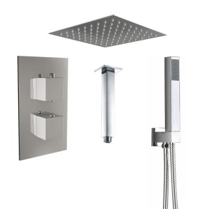 Beauly Chrome Twin Square Handle Concealed Valve Built in Diverter with 400mm Square Shower Head, Hand Shower and Ceiling Arm (2 Outlet)