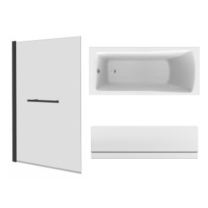 Sawley 1600 x 700mm Straight Bath Single Ended with Front Panel and Square Black Bath Screen with Towel Rail