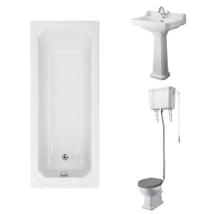 Wellington High Level Toilet with Grey Seat & 560mm 1 Tap Hole Basin with 1700 x 700mm Traditional Straight Bath Single Ended