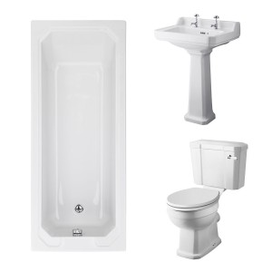 Wellington Close Coupled Comfort Height Toilet with White Seat & 600mm 2 Tap Hole Basin with 1700 x 700mm Traditional Straight Bath Single Ended