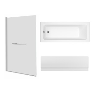 Sawley 1500 x 700mm Straight Bath Single Ended with Front Panel and Square Chrome Bath Screen with Towel Rail