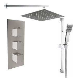 Beauly Chrome Triple Square Handle Concealed Valve Built in Diverter with 300mm Square Shower Head and Riser Rail (3 Outlet)
