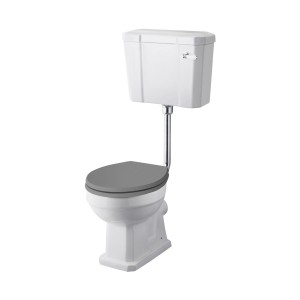 Wellington Traditional Comfort Height Low Level Toilet with Flush Pipe Kit and Grey Soft Close Seat