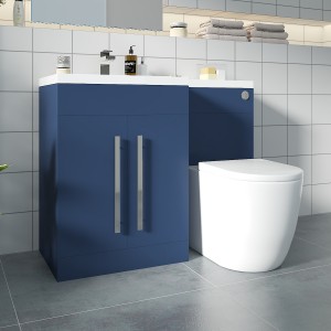 Calm Matt Blue Left Hand Combination Vanity Unit Basin L Shape with Back to Wall Cordoba Toilet & Soft Close Seat & Concealed Cistern - 1100mm