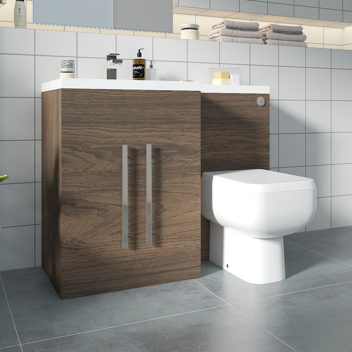 Calm Walnut Left Hand Combination Vanity Unit with RAK-Series 600 Toilet & Soft Close Seat & Concealed Cistern - 1100mm