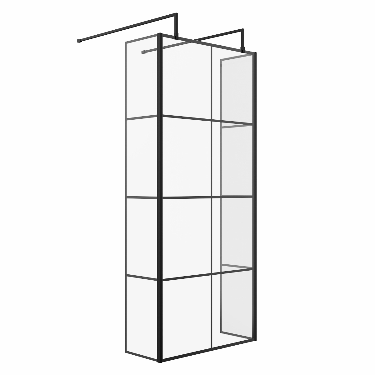 Wasdale 900mm Black Grid Walk Through Wet Room Screen with 300mm Hinged Return Screens & L- Shape Support Arms