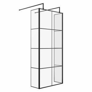 Wasdale 900mm Black Grid Walk Through Wet Room Screen with 300mm Hinged Return Screens & L- Shape Support Arms