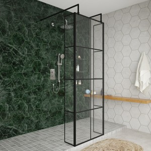 Wasdale 700mm Black Grid Walk Through Wet Room Screen with 215mm Hinged Return Screens & L- Shape Support Arms