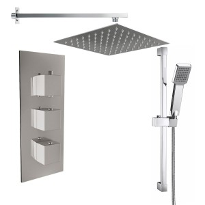 Beauly Chrome Triple Square Handle Concealed Valve with 200mm Square Shower Head and Riser Rail (2 Outlet)