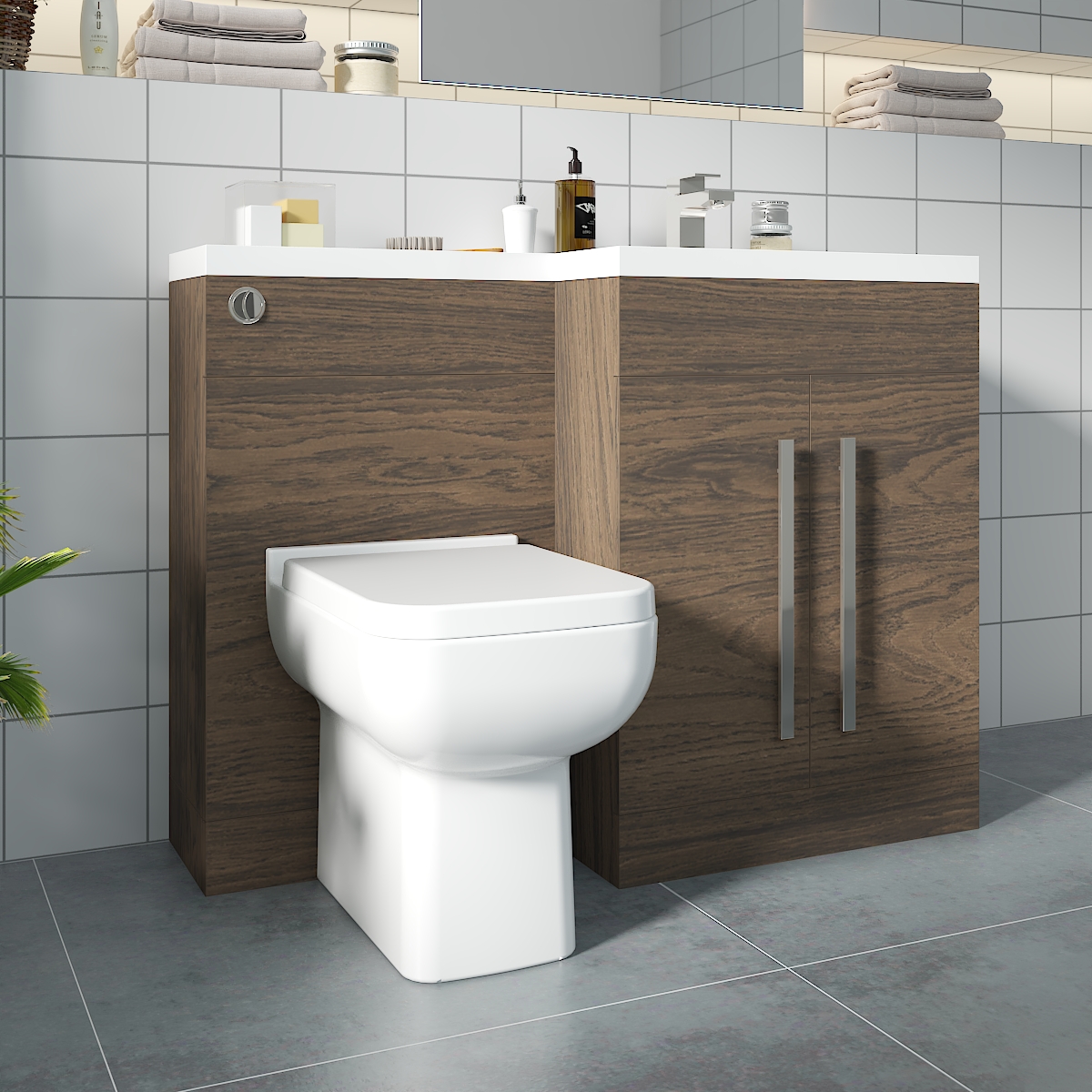 Calm Walnut Right Hand Combination Vanity Unit Basin L Shape with Back to Wall Feel 600 Toilet & Soft Close Seat & Concealed Cistern - 1100mm