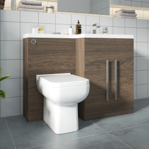 Calm Walnut Right Hand Combination Vanity Unit Basin L Shape with Back to Wall Feel 600 Toilet & Soft Close Seat & Concealed Cistern - 1100mm