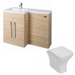 Calm Light Oak Left Hand Combination Vanity Unit Basin L Shape with Back to Wall Feel Curved Toilet & Soft Close Seat & Concealed Cistern - 1100mm