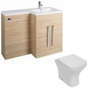 Calm Light Oak Right Hand Combination Vanity Unit Basin L Shape with Back to Wall Feel Curved Toilet & Soft Close Seat & Concealed Cistern - 1100mm