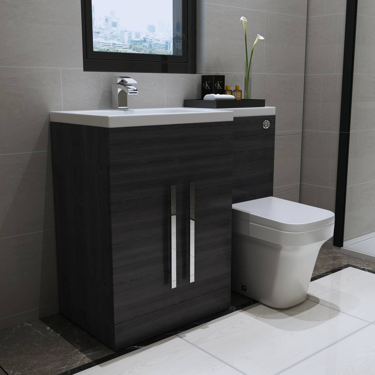 Grey LH Combination Bathroom Furniture Vanity Unit & Basin ...