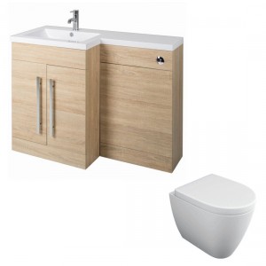 Calm Light Oak Left Hand Combination Vanity Unit Basin L Shape with Back to Wall Feel 600 Toilet & Soft Close Seat & Concealed Cistern - 1100mm
