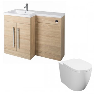 Calm Light Oak Left Hand Combination Vanity Unit Basin L Shape with Back to Wall Cordoba Toilet &amp; Soft Close Seat &amp; Concealed Cistern - 1100mm