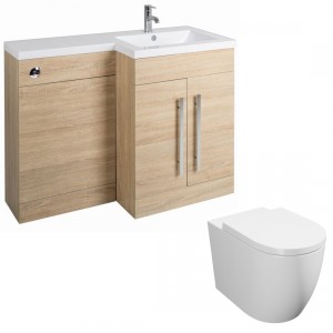 Calm Light Oak Right Hand Combination Vanity Unit Basin L Shape with Back to Wall Cordoba Toilet &amp; Soft Close Seat &amp; Concealed Cistern - 1100mm