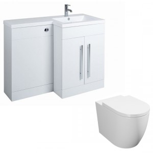 Calm White Right Hand Combination Vanity Unit Basin L Shape with Back to Wall Cordoba Toilet &amp; Soft Close Seat &amp; Concealed Cistern - 1100mm