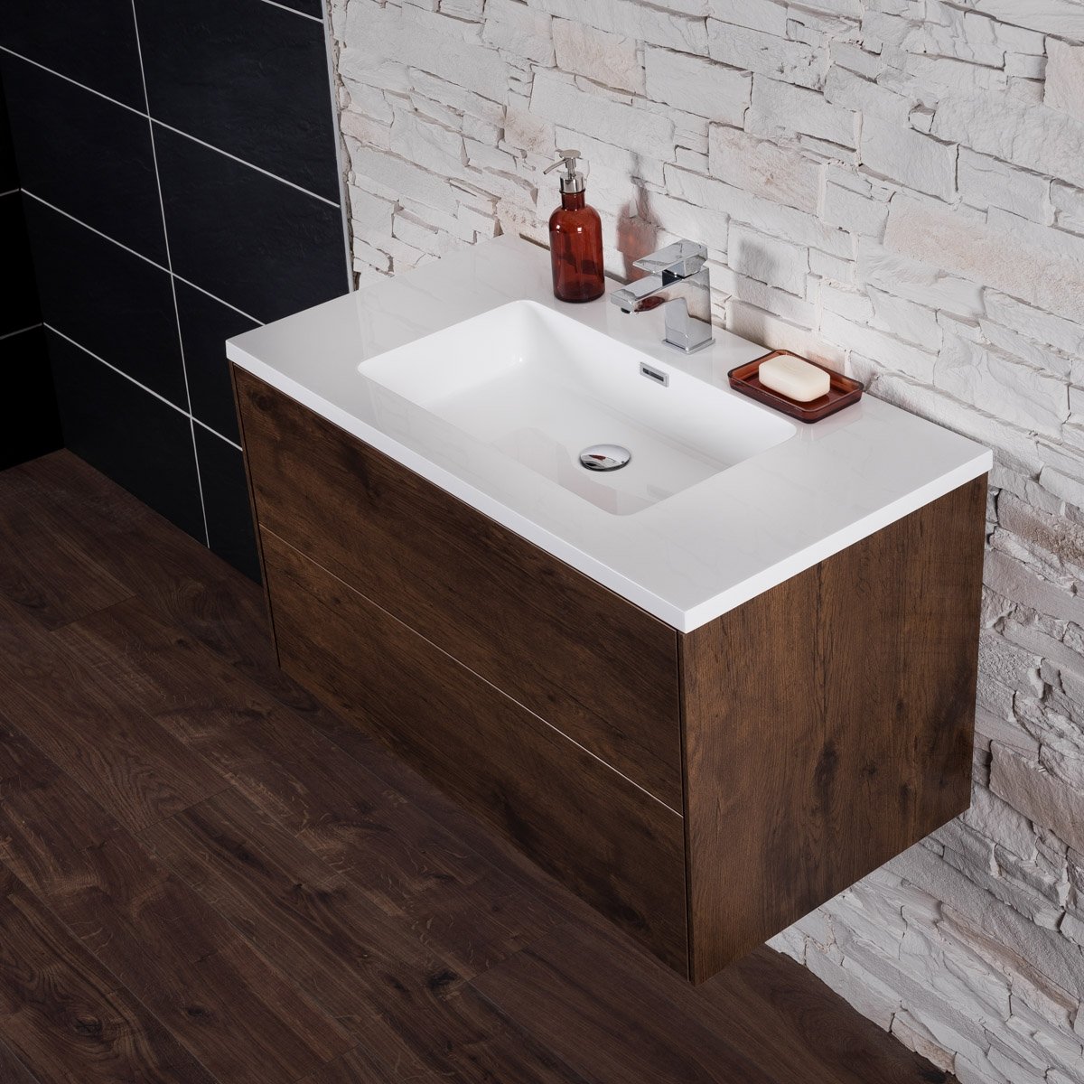 Modern Bathroom Rustic Oak 900 mm Wall Hung Vanity Unit ...