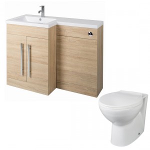 Calm Light Oak Left Hand Combination Vanity Unit Basin L Shape with Back to Wall Splash Toilet &amp; Soft Close Seat &amp; Concealed Cistern - 1100mm