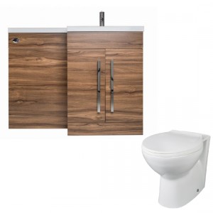 Calm Walnut Right Hand Combination Vanity Unit Basin L Shape with Back to Wall Splash Toilet &amp; Soft Close Seat &amp; Concealed Cistern - 1100mm