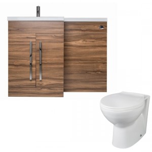 Calm Walnut Left Hand Combination Vanity Unit Basin L Shape with Back to Wall Splash Toilet &amp; Soft Close Seat &amp; Concealed Cistern - 1100mm