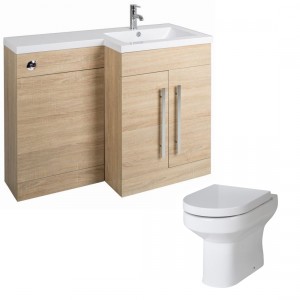 Calm Light Oak Right Hand Combination Vanity Unit Basin L Shape with Back to Wall Calgary Toilet &amp; Soft Close Seat &amp; Concealed Cistern - 1100mm