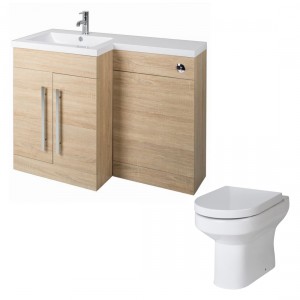 Calm Light Oak Left Hand Combination Vanity Unit Basin L Shape with Back to Wall Calgary Toilet &amp; Soft Close Seat &amp; Concealed Cistern - 1100mm